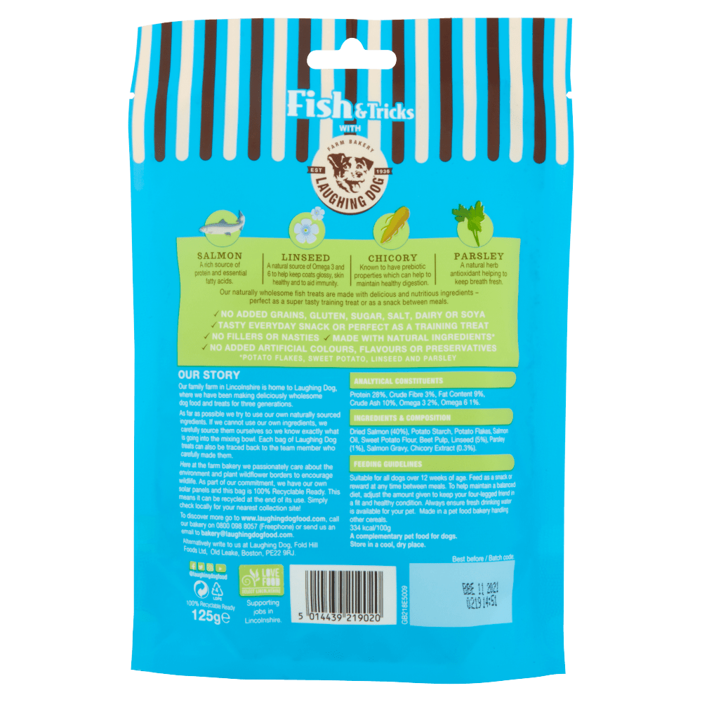 Back of Fishy Treat Bag | Laughing Dog Food