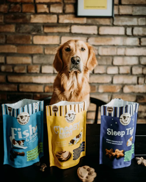 Dog treat packages with Golden | Laughing Dog Food